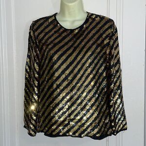 Vtg gold & black sequin striped dressy‎ long sleeve blouse